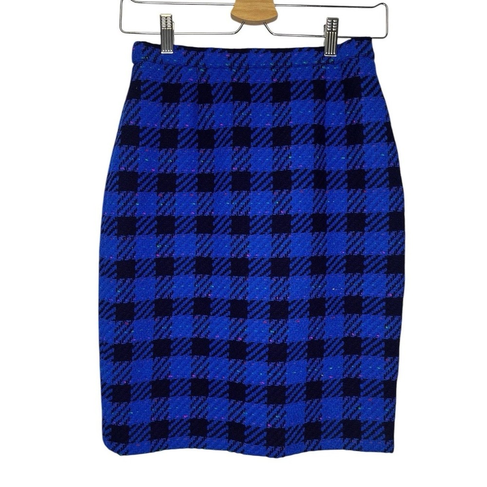 ESCADA MARGARETHA LEY Plaid Pencil Skirt Blue Navy sz 36 US 6 Wool Germany 90s